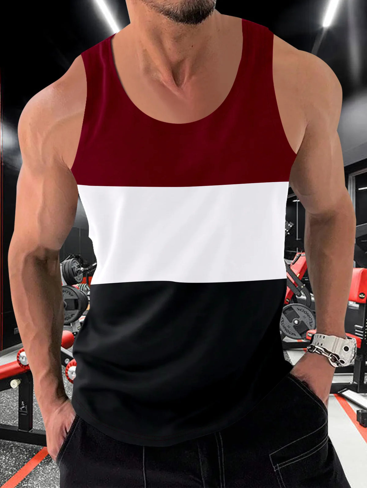 Regata * masculina de verão com estampa de blocos de cores, secagem rápida, respirável e que absorve umidade, ideal para prática esportiva, academia e corrida, roupas masculinas.