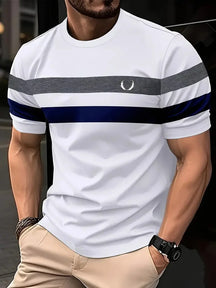 Camiseta * minimalista listrada estampada masculina, parte superior com gola redonda, manga curta, lazer, esportes ao ar livre, fitness, moda verão