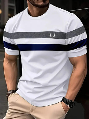 Camiseta * minimalista listrada estampada masculina, parte superior com gola redonda, manga curta, lazer, esportes ao ar livre, fitness, moda verão