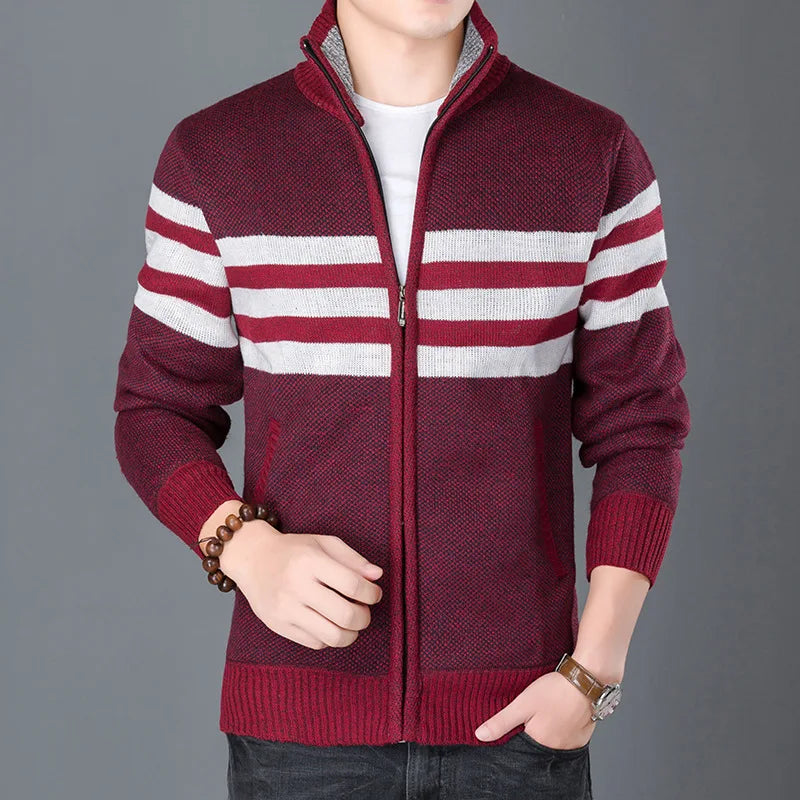 New Winter Thick Fleece Cardigan Men Sweaters Outwear Jackets Coats Fashion Striped Knitted Slim Fit Sweatercoat Clothing