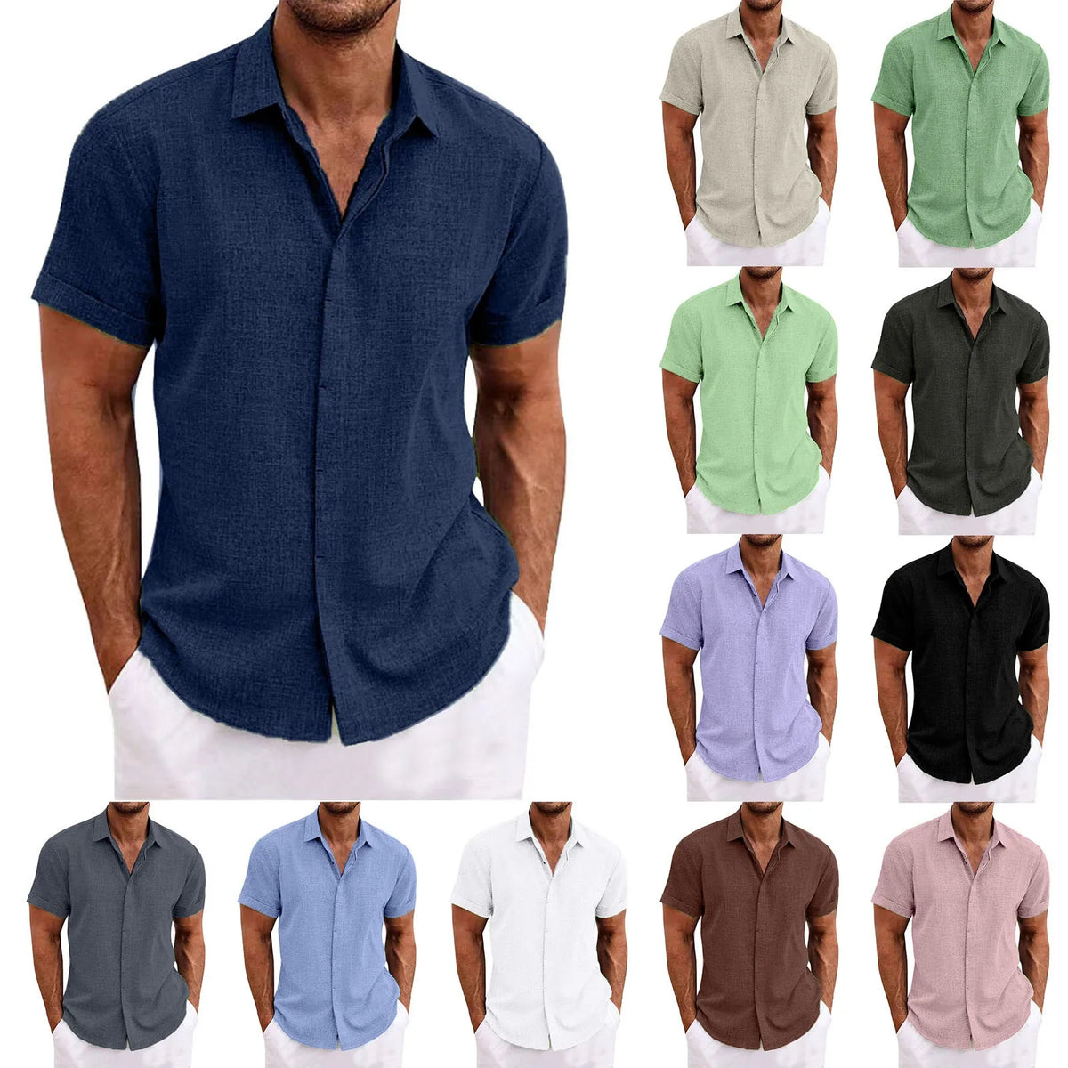 Camisa * de algodão e linho para homens, camisa de manga curta com botão, confortável e leve, alta durabilidade, verão, novo, 2024