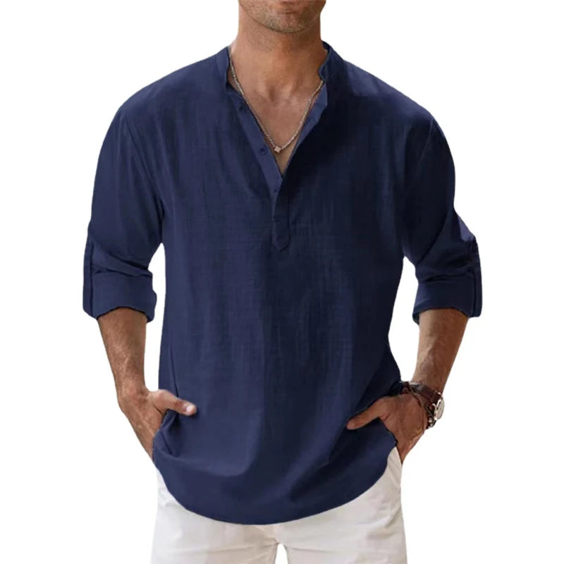 Camisa * de linho respirável masculina, manga comprida, cor sólida, casual, básico, algodão e linho, primavera, outono.