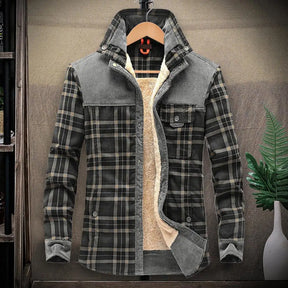 Men Winter Shirts Jackets Hooded Lapel Long Sleeve Plaid Pockets Single Breasted Coat Thickened Fleece Lining Cotton Outerwear