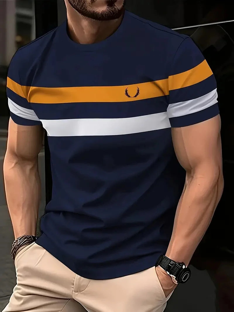 Camiseta * minimalista listrada estampada masculina, parte superior com gola redonda, manga curta, lazer, esportes ao ar livre, fitness, moda verão