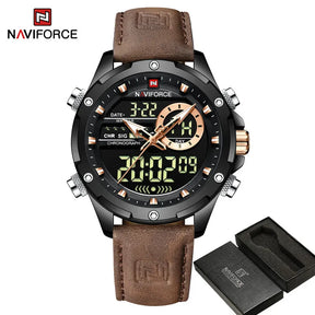 NAVIFORCE-Relógio de pulso militar de quartzo de luxo masculino, relógio digital do esporte, marca superior, couro genuíno, marrom, relógio masculino empresarial, 9208