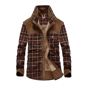 Men Winter Shirts Jackets Hooded Lapel Long Sleeve Plaid Pockets Single Breasted Coat Thickened Fleece Lining Cotton Outerwear