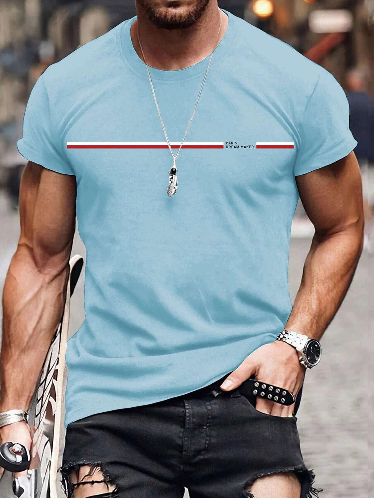 Camiseta * masculina de manga curta, 100% algodão, slim fit, gola redonda, blusa esportiva casual, estampa letra de Paris, verão, tamanho solto