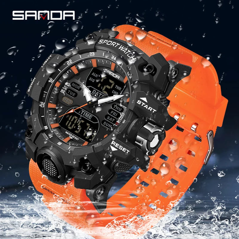 SANDA Outdoor Sports Military Mens Watch LED Digital Electron Quartz Male Wristwatch Dual Display Clock Men Relogio Masculino