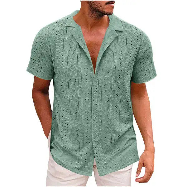 New Summer Trendy Men's Button Up Shirt with Hollowed Out Lapel Solid Color Casual Fashion Top for Men