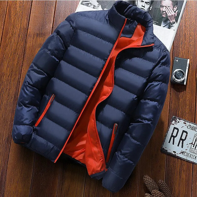 Jaqueta térmica extra grande masculina com gola alta, jaquetas casuais, roupas de acampamento ao ar livre, moda exterior, inverno