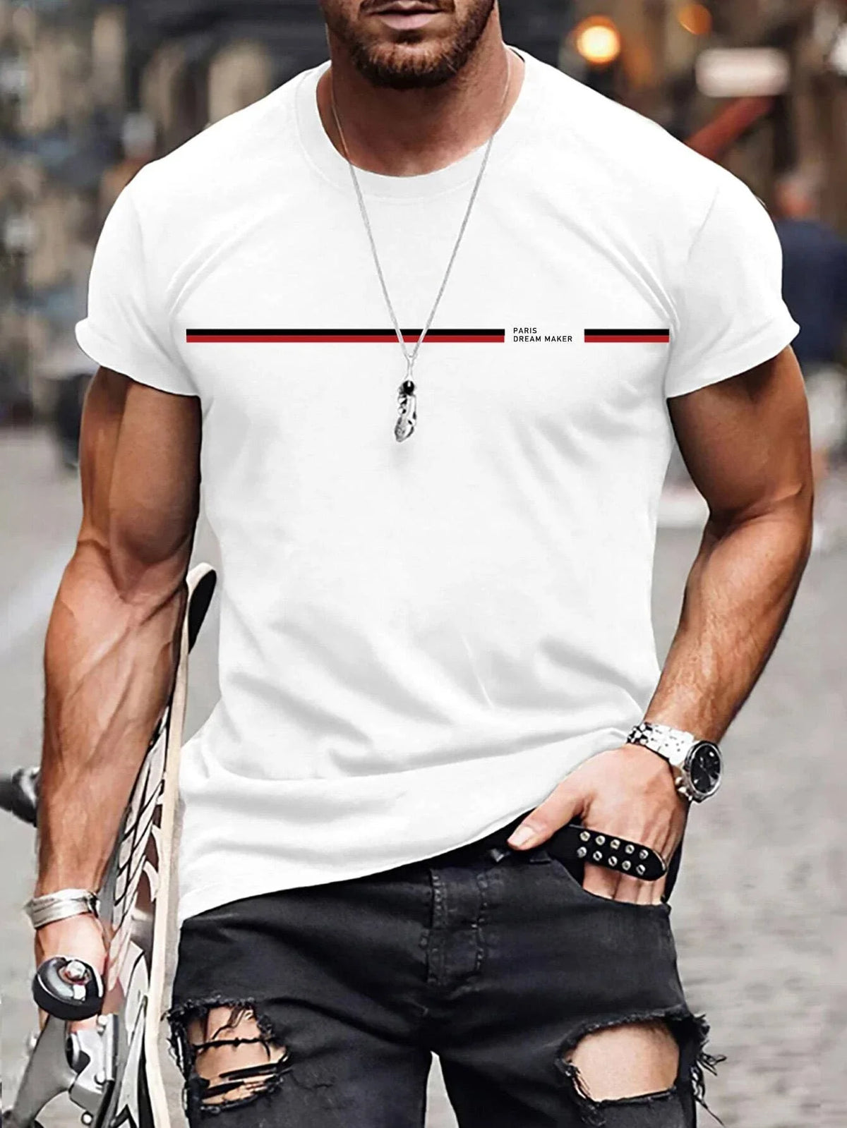 Camiseta * masculina de manga curta, 100% algodão, slim fit, gola redonda, blusa esportiva casual, estampa letra de Paris, verão, tamanho solto