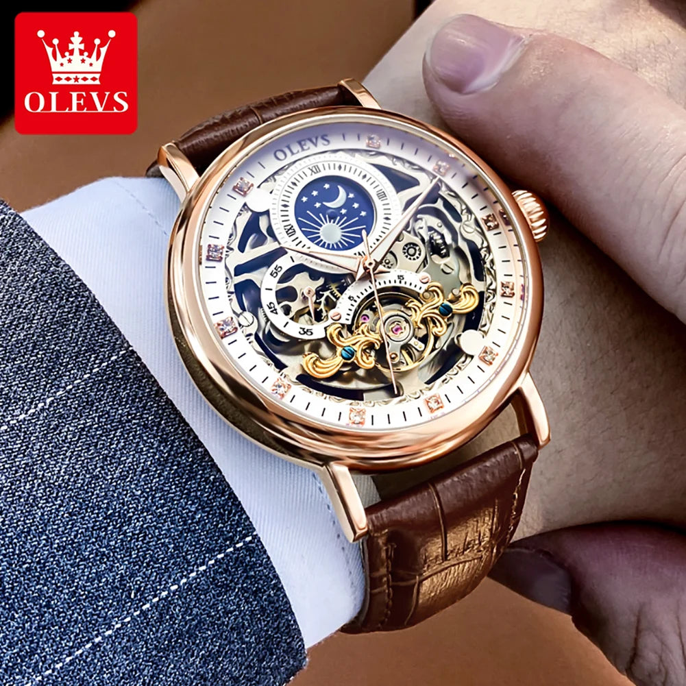 OLEVS-Relógio Mecânico Masculino, Fase da Lua, Dual Time Zone Display, Impermeável, Esqueleto Automático, Marca de Top, Luxo