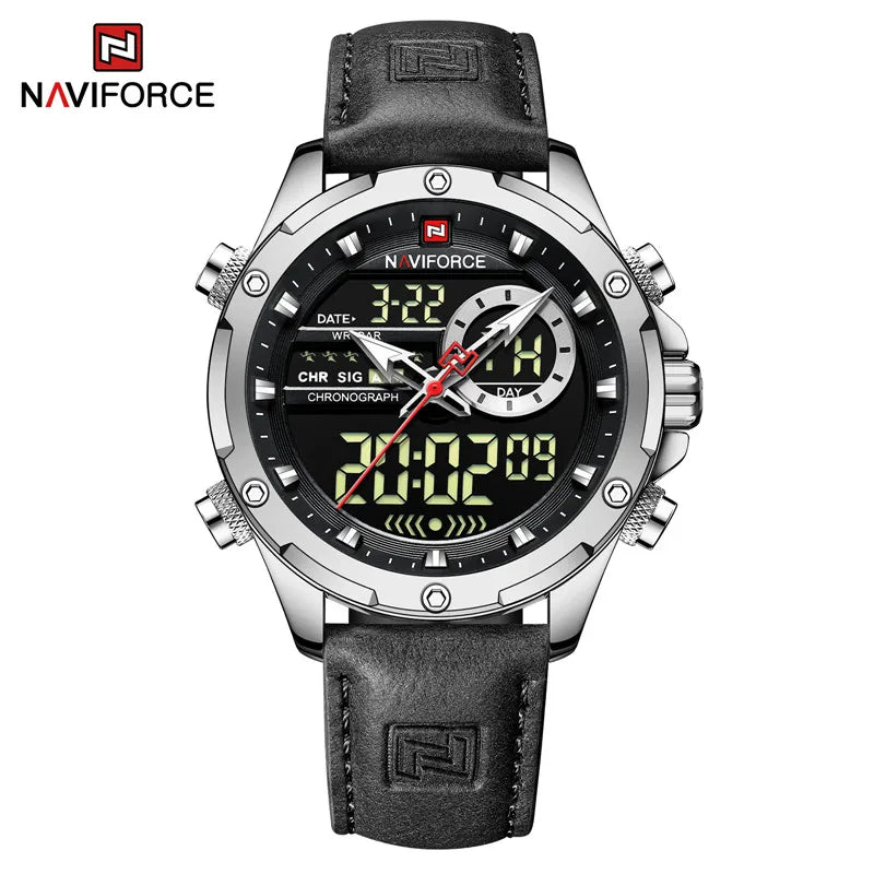 NAVIFORCE-Relógio de pulso militar de quartzo de luxo masculino, relógio digital do esporte, marca superior, couro genuíno, marrom, relógio masculino empresarial, 9208