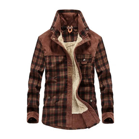 Men Winter Shirts Jackets Hooded Lapel Long Sleeve Plaid Pockets Single Breasted Coat Thickened Fleece Lining Cotton Outerwear