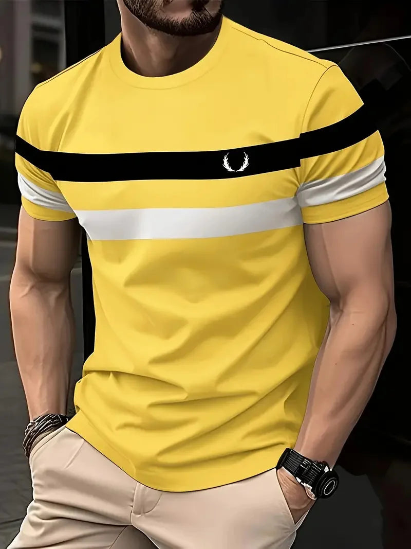 Camiseta * minimalista listrada estampada masculina, parte superior com gola redonda, manga curta, lazer, esportes ao ar livre, fitness, moda verão