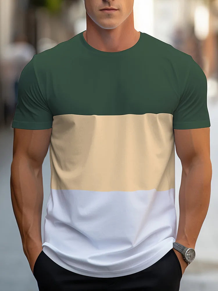 Camiseta * casual de bloco de cores, manga curta, gola redonda, moderna, viagem diária, ao ar livre, camiseta minimalista.