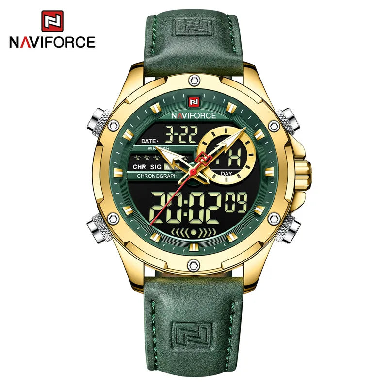 NAVIFORCE-Relógio de pulso militar de quartzo de luxo masculino, relógio digital do esporte, marca superior, couro genuíno, marrom, relógio masculino empresarial, 9208