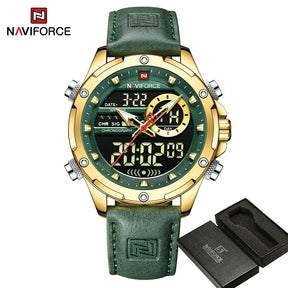 NAVIFORCE-Relógio de pulso militar de quartzo de luxo masculino, relógio digital do esporte, marca superior, couro genuíno, marrom, relógio masculino empresarial, 9208