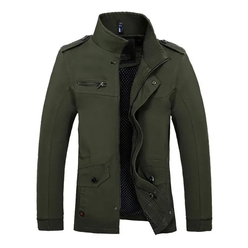 2024 Autumn Men Slim Fit Military Jacket Coats Outerwear Stand Collar Casual Coats Male Business Style Army Green Clothes Khaki