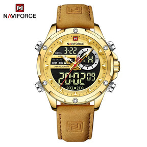 NAVIFORCE-Relógio de pulso militar de quartzo de luxo masculino, relógio digital do esporte, marca superior, couro genuíno, marrom, relógio masculino empresarial, 9208