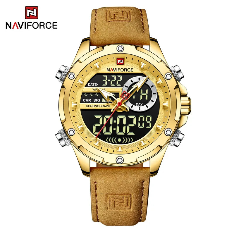 NAVIFORCE-Relógio de pulso militar de quartzo de luxo masculino, relógio digital do esporte, marca superior, couro genuíno, marrom, relógio masculino empresarial, 9208