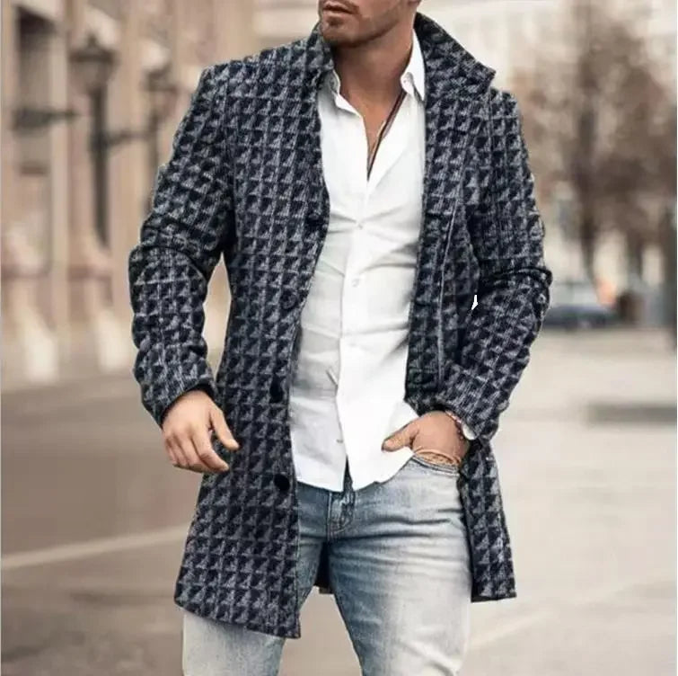 Plaid Men's Coat Trench Woolen Long Sleeve Autumn Winter Fashion Casual Coats Blends Jackets