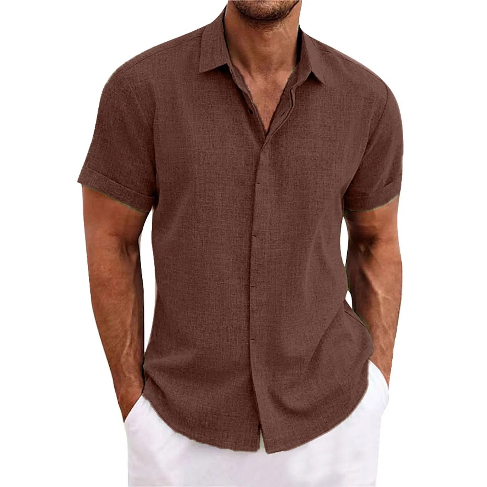 Camisa * de algodão e linho para homens, camisa de manga curta com botão, confortável e leve, alta durabilidade, verão, novo, 2024