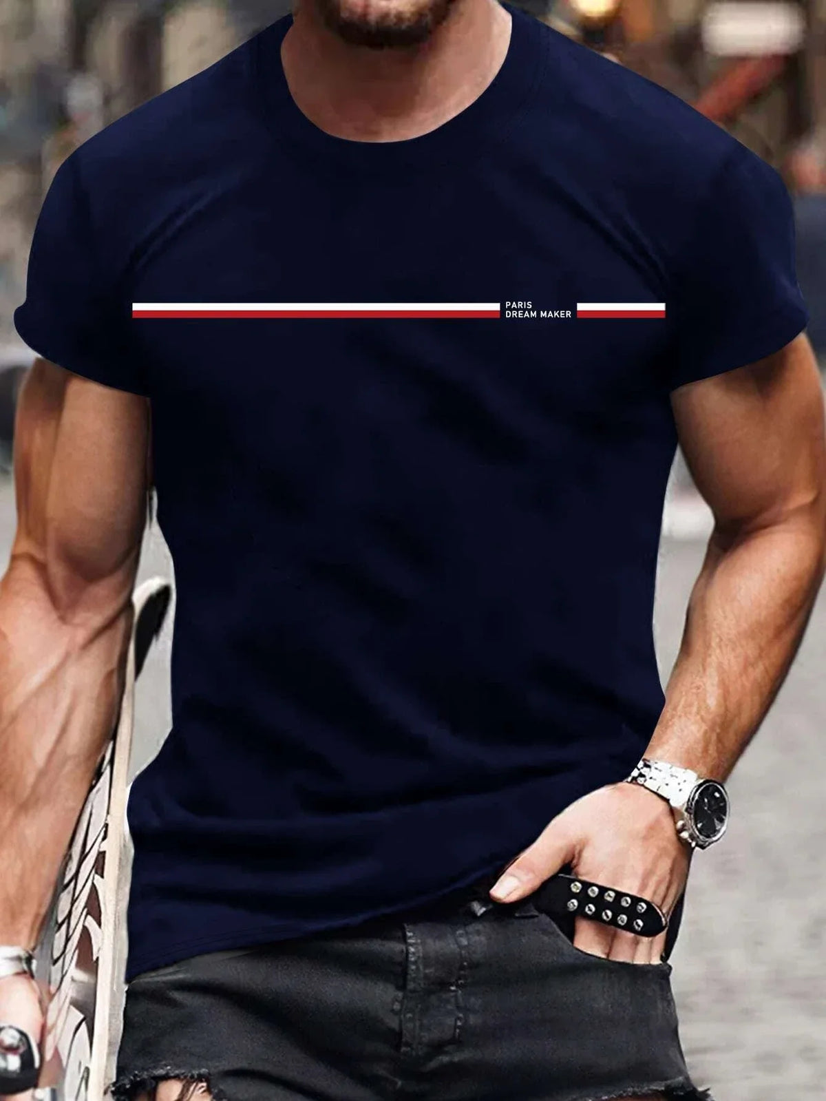 Camiseta * masculina de manga curta, 100% algodão, slim fit, gola redonda, blusa esportiva casual, estampa letra de Paris, verão, tamanho solto