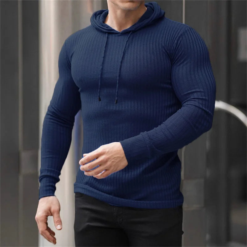 men autumn sports fitness Spring and autumn fitness training wear knitted long sleeve hoodie pullover jacket stripe Sweater