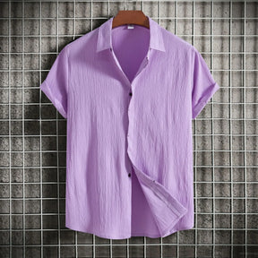 Camisa * Masculina Manga Curta, leve e confortável, Cor Sólida Botão Camisa, Algodão Linho Camisa Masculina