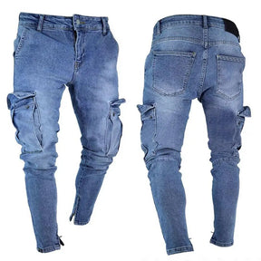 Calça * jeans azul claro com vários bolsos e zíper