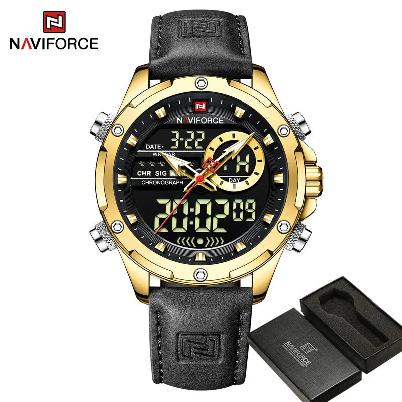 NAVIFORCE-Relógio de pulso militar de quartzo de luxo masculino, relógio digital do esporte, marca superior, couro genuíno, marrom, relógio masculino empresarial, 9208