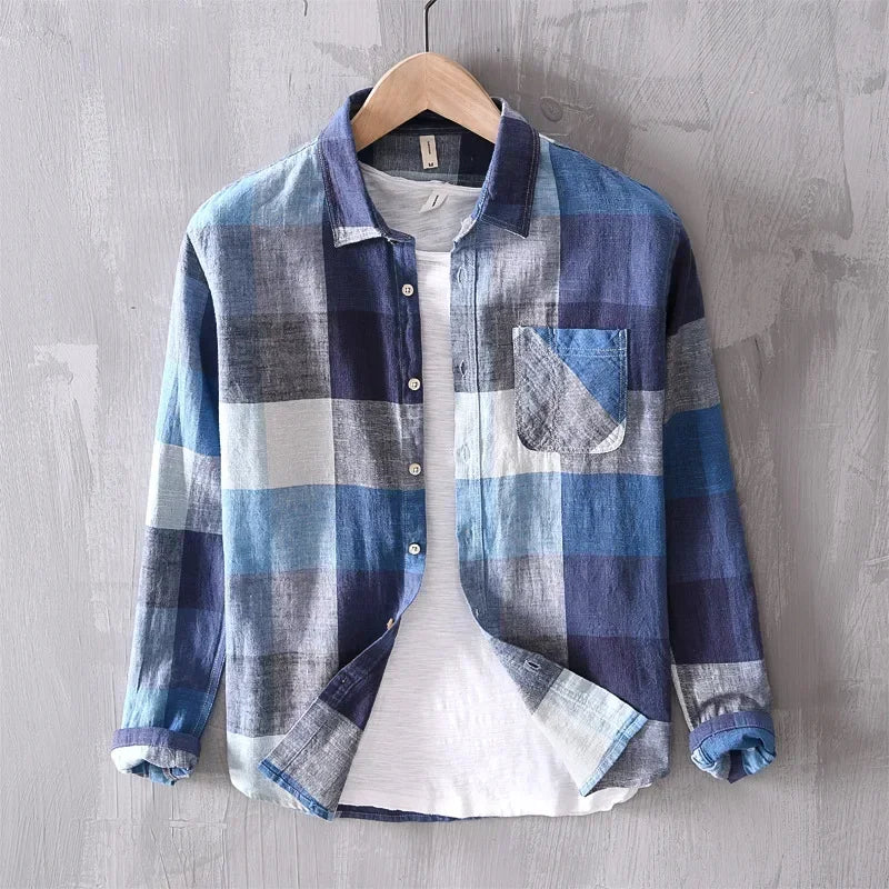 Men Clothing 2022 New Linen Shirt Men Casual Lapel Fresh Plaid Long Sleeve Literary Loose Cotton Linen Shirt Men