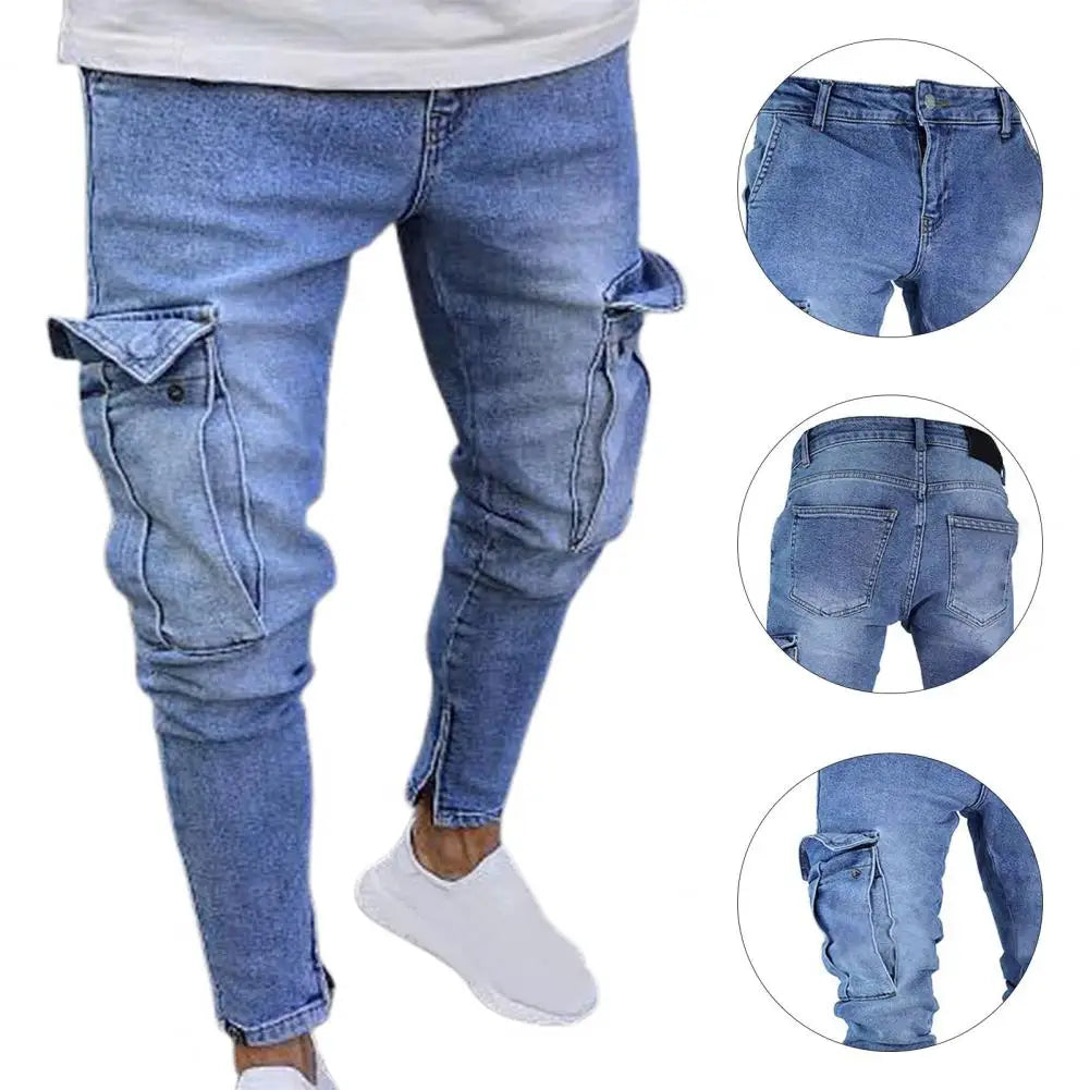 Calça * jeans azul claro com vários bolsos e zíper