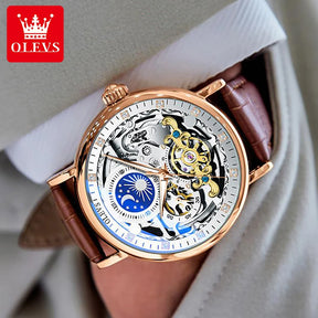 OLEVS-Relógio Mecânico Masculino, Fase da Lua, Dual Time Zone Display, Impermeável, Esqueleto Automático, Marca de Top, Luxo