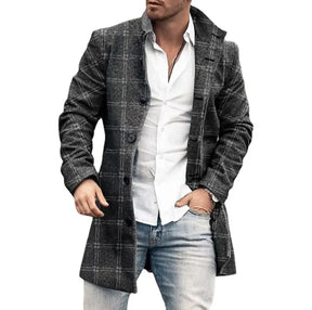 Plaid Men's Coat Trench Woolen Long Sleeve Autumn Winter Fashion Casual Coats Blends Jackets