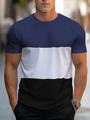 Camiseta * casual de bloco de cores, manga curta, gola redonda, moderna, viagem diária, ao ar livre, camiseta minimalista.