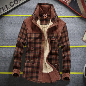 Men Winter Shirts Jackets Hooded Lapel Long Sleeve Plaid Pockets Single Breasted Coat Thickened Fleece Lining Cotton Outerwear