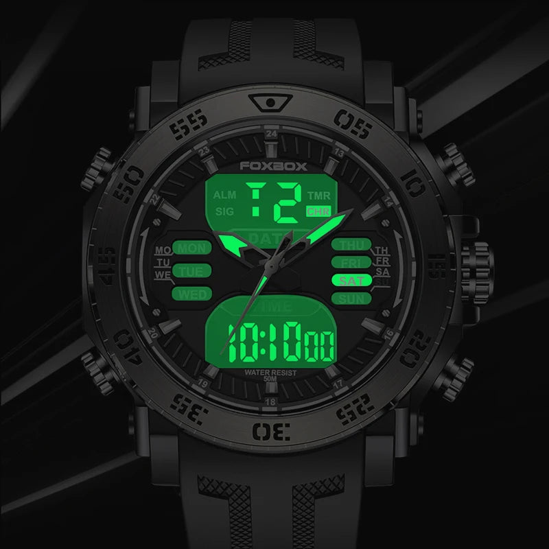 LIGE Military Sports Man Watch Luxury Quartz Dual Display Mens Watch Casual Silicone Strap Waterproof Luminous Men's Watches+Box