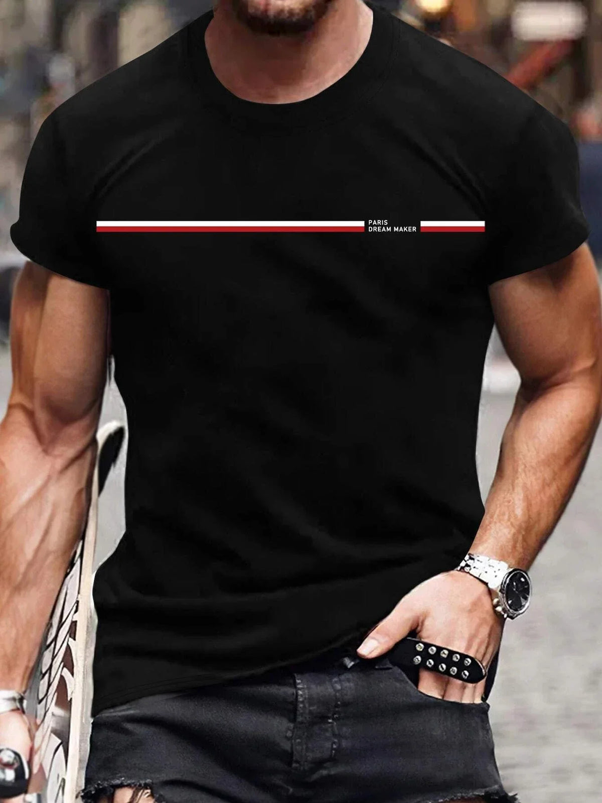 Camiseta * masculina de manga curta, 100% algodão, slim fit, gola redonda, blusa esportiva casual, estampa letra de Paris, verão, tamanho solto