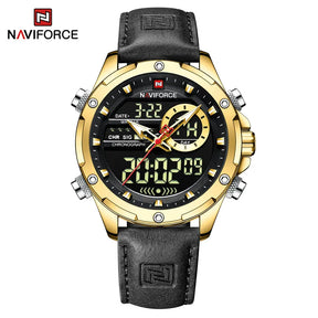 NAVIFORCE-Relógio de pulso militar de quartzo de luxo masculino, relógio digital do esporte, marca superior, couro genuíno, marrom, relógio masculino empresarial, 9208