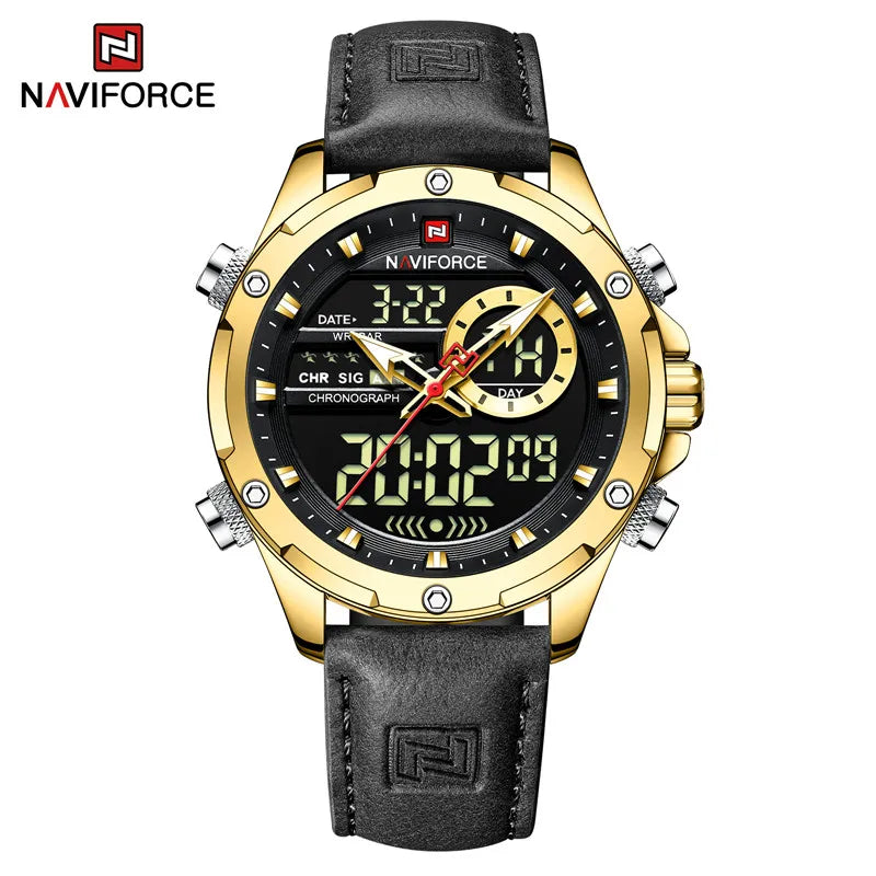 NAVIFORCE-Relógio de pulso militar de quartzo de luxo masculino, relógio digital do esporte, marca superior, couro genuíno, marrom, relógio masculino empresarial, 9208