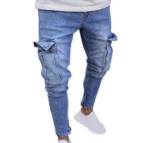 Calça * jeans azul claro com vários bolsos e zíper