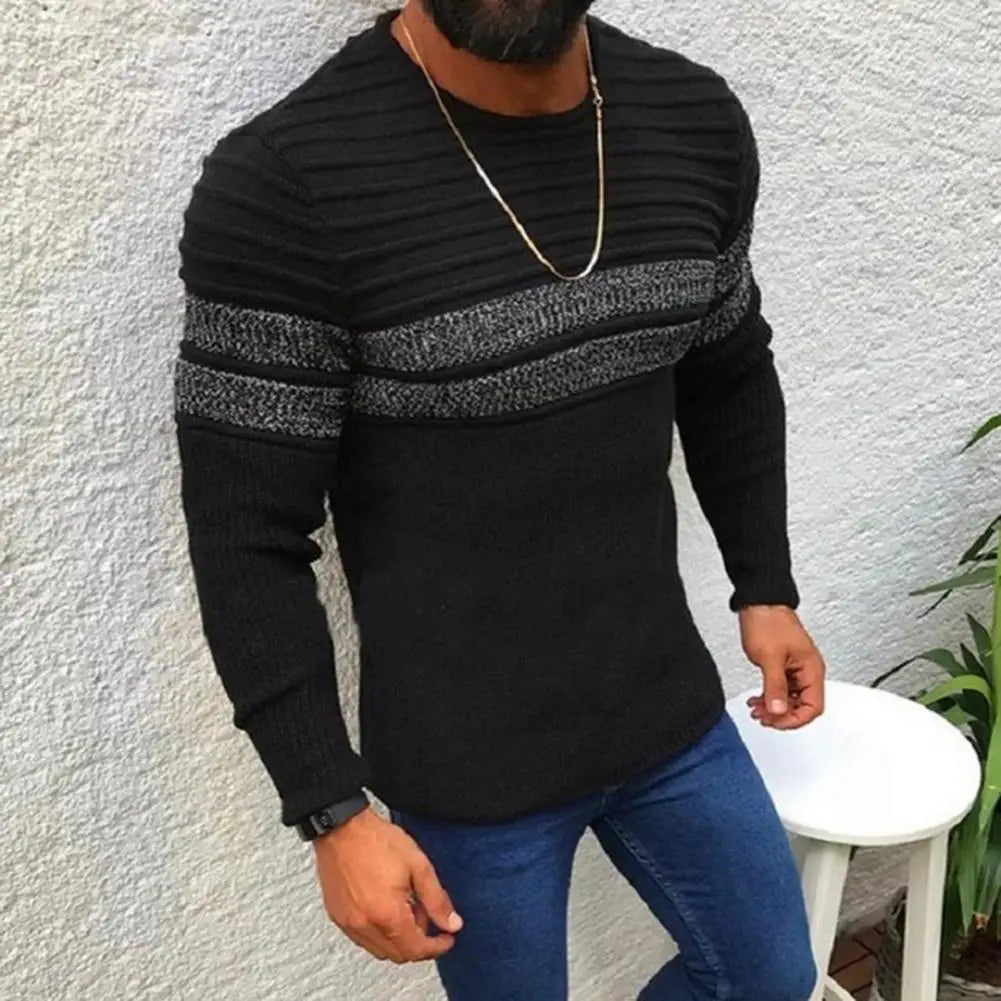 Men Autumn Winter Stripes Splicing Sweater Casual Slim Fit Knitted Tops O-neck Long Sleeve Color-Blocked Pullover Knitwear