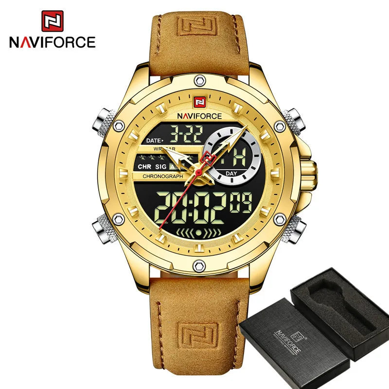 NAVIFORCE-Relógio de pulso militar de quartzo de luxo masculino, relógio digital do esporte, marca superior, couro genuíno, marrom, relógio masculino empresarial, 9208