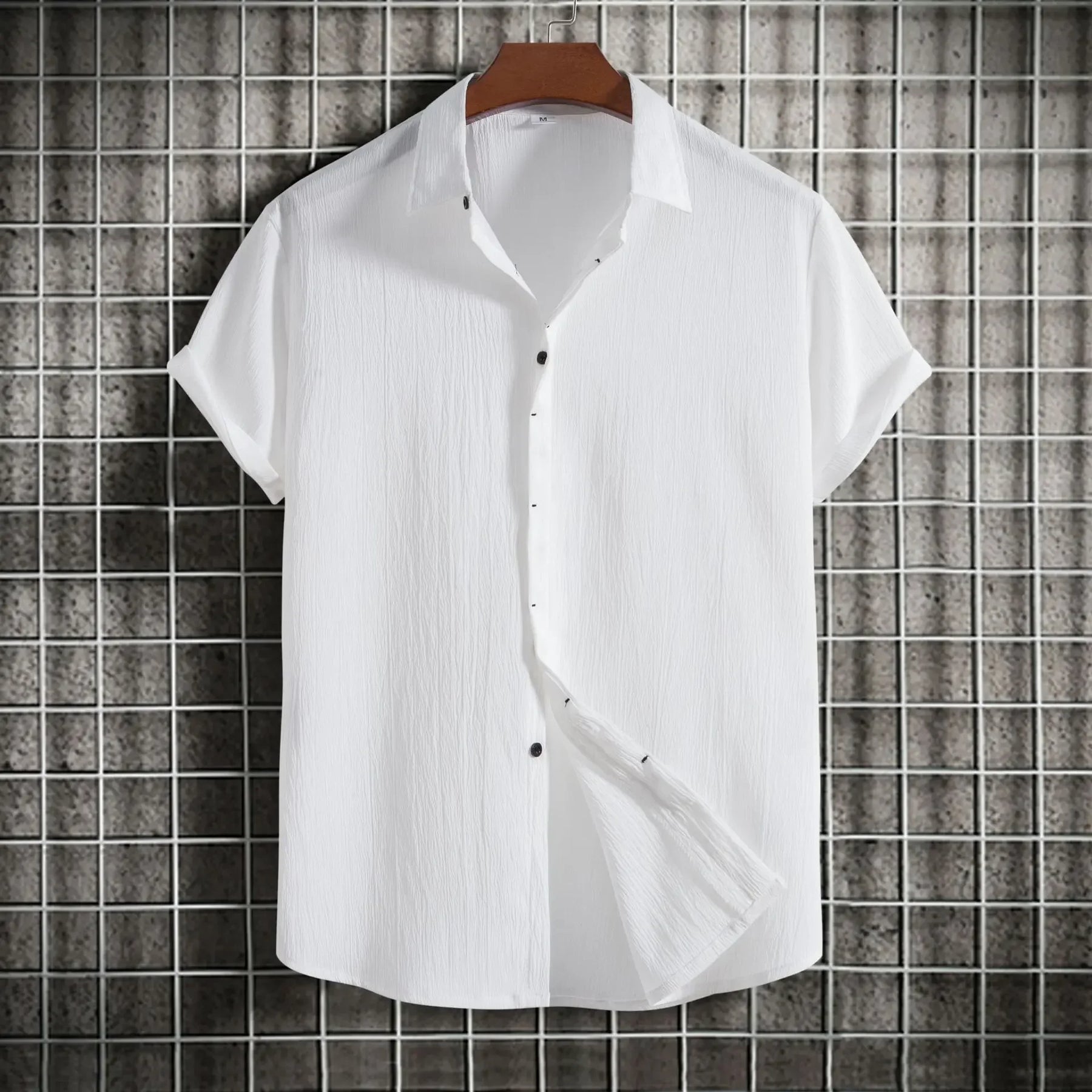 Camisa * Masculina Manga Curta, leve e confortável, Cor Sólida Botão Camisa, Algodão Linho Camisa Masculina