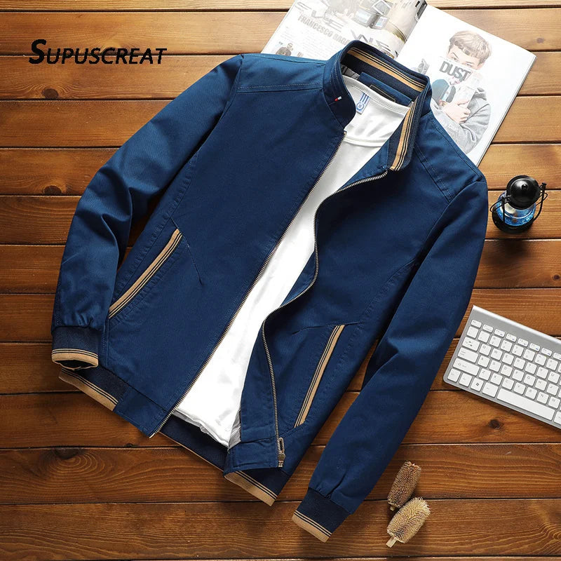 SUPUSCREAT Spring Autumn Men Cotton Jacket Stand Collar Solid Male Fashion Casual Windbreaker Bomber Jacket Coat New Hot Outwear