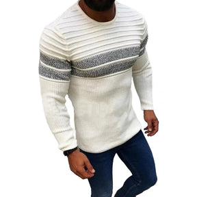 Men Autumn Winter Stripes Splicing Sweater Casual Slim Fit Knitted Tops O-neck Long Sleeve Color-Blocked Pullover Knitwear