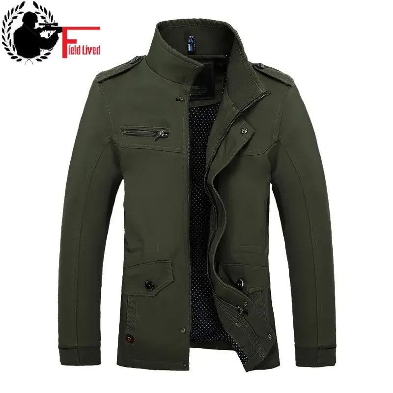 2024 Autumn Men Slim Fit Military Jacket Coats Outerwear Stand Collar Casual Coats Male Business Style Army Green Clothes Khaki