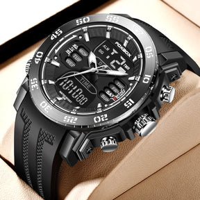 LIGE Military Sports Man Watch Luxury Quartz Dual Display Mens Watch Casual Silicone Strap Waterproof Luminous Men's Watches+Box